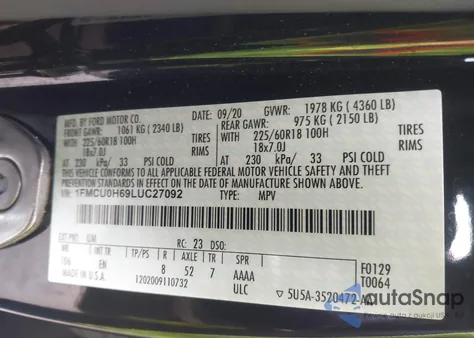 2020 Ford Escape Sel z USA, uszkodzony, nr VIN 1FMCU0H69LUC27092